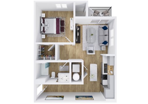 A top-down view of a small apartment with a bedroom, living room, and kitchen.